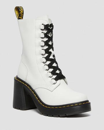 White Women's Dr Martens Chesney Leather Flared Heel Heeled Boots | CA 137YXF